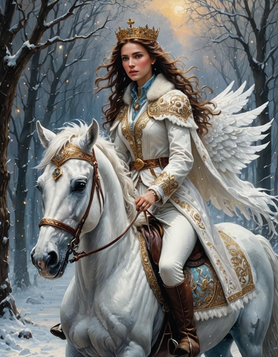 Princess on Winged Horse in Snowstorm: Luminous Oil Painting