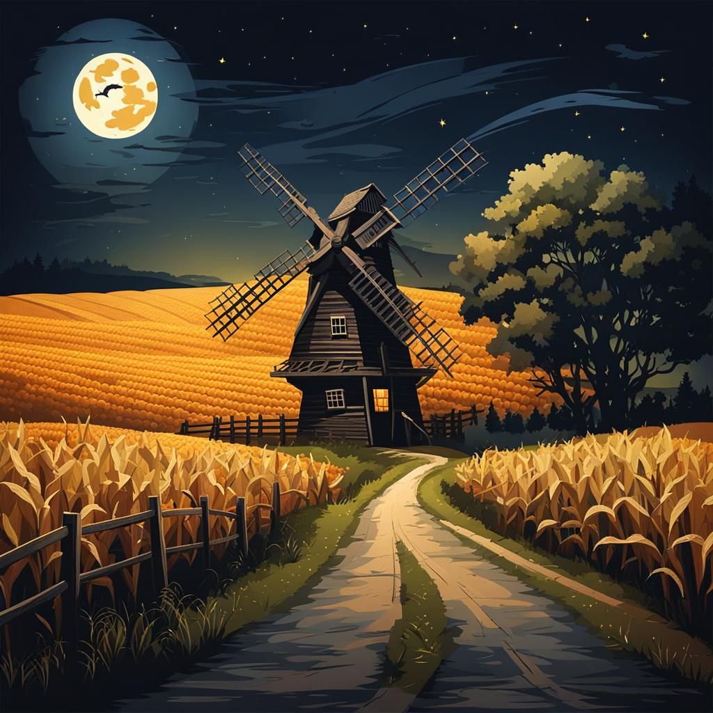 Moonlit Windmill at Night over Cornfields