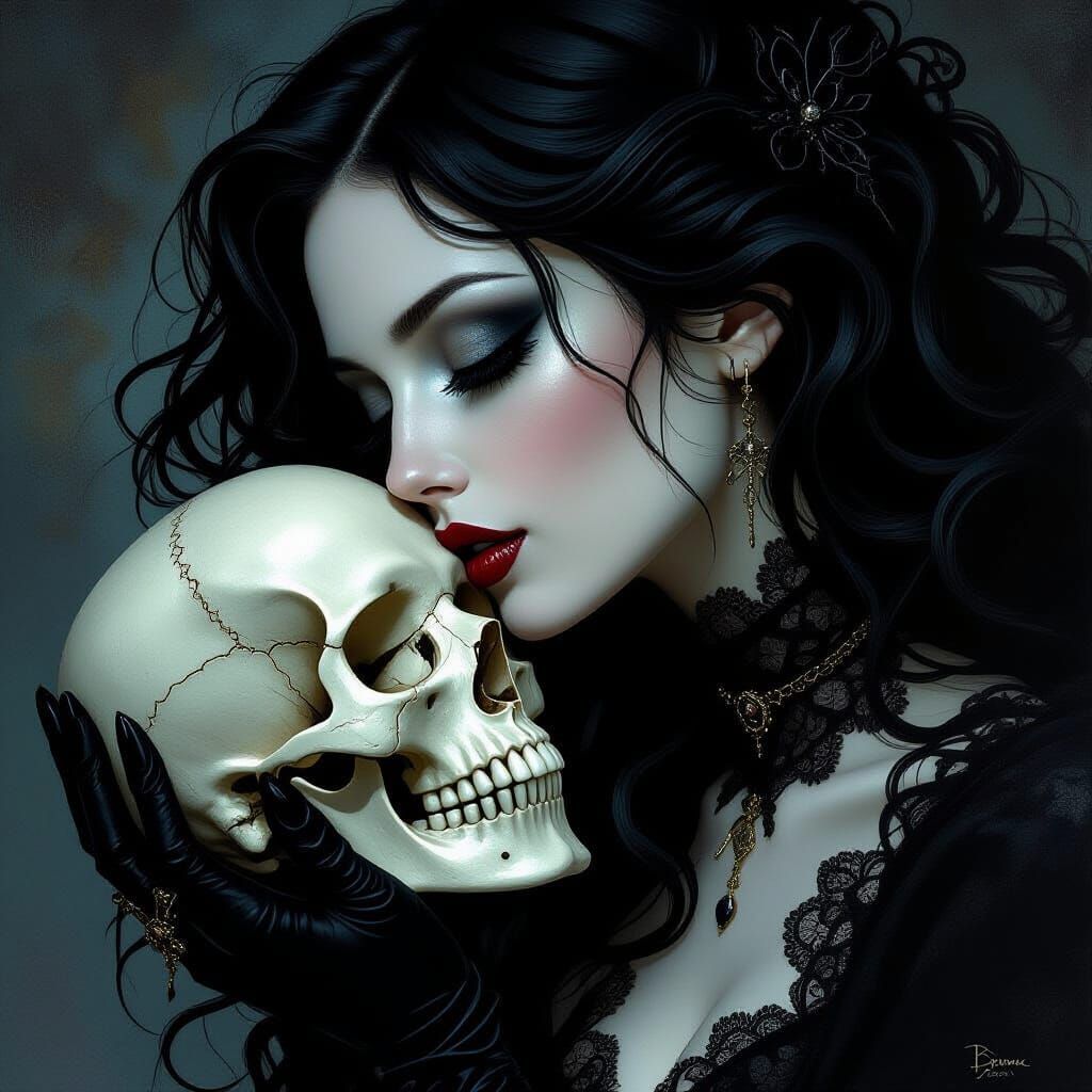Gothic Romance: Woman Kisses Skull in Chiaroscuro