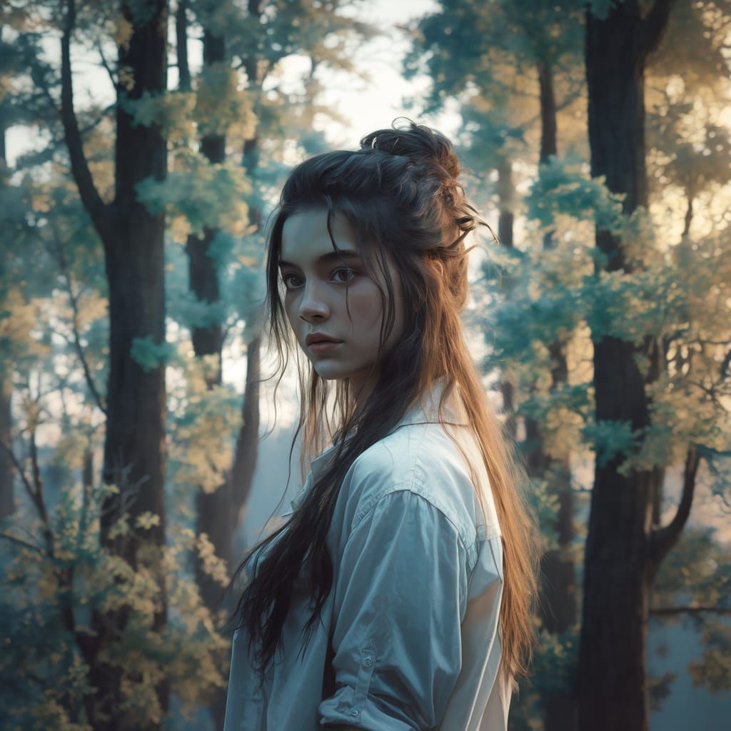 Dreamy Forest Portrait of Young Woman: Digital Matte Paintin...