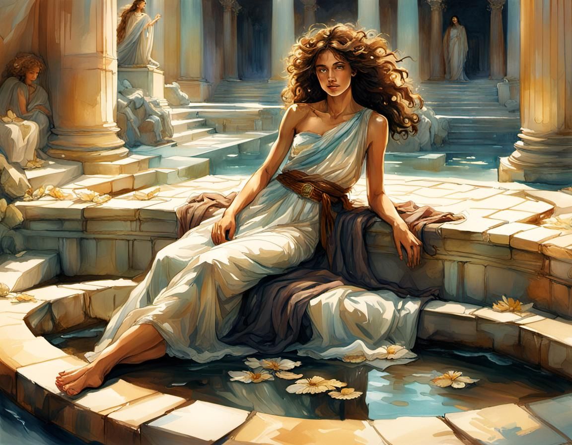 Greek Woman in Translucent Toga, Watercolor Art