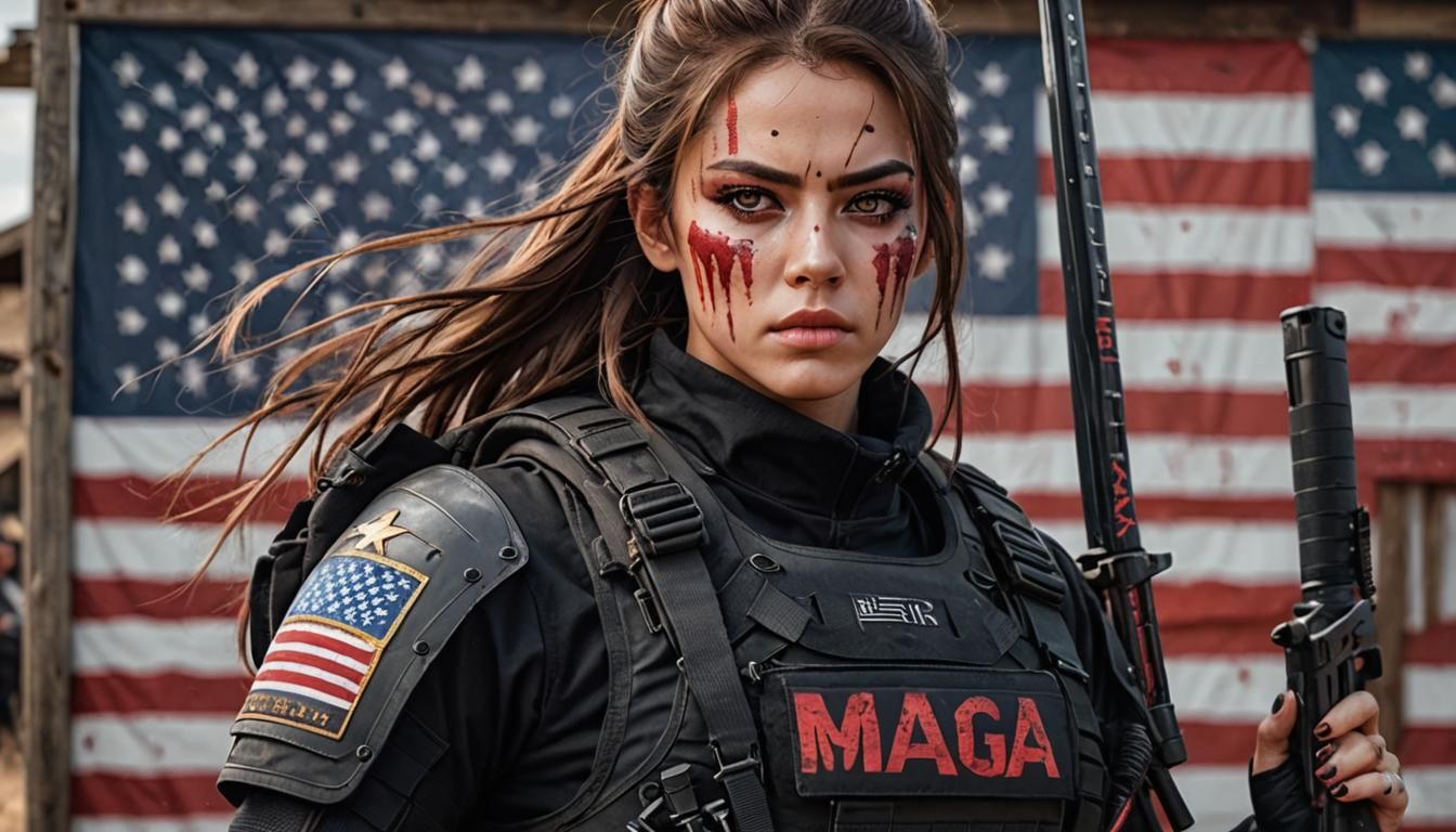 Olive-Skinned Girl with Samurai Sword and Flag