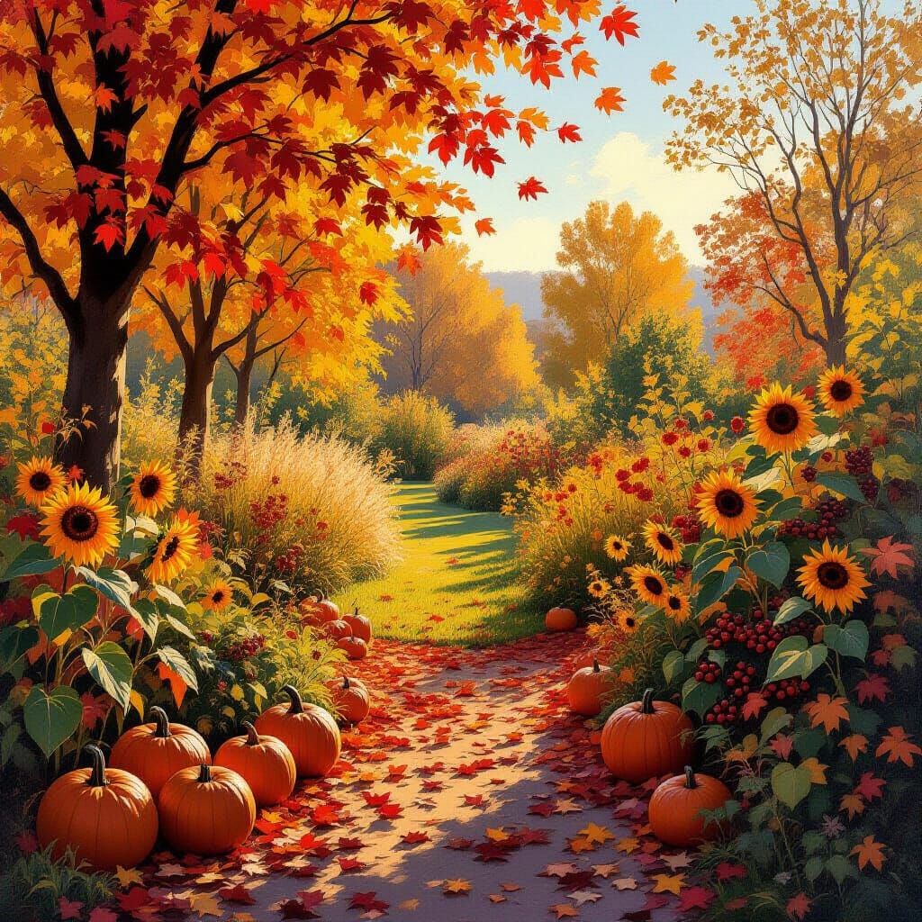 Vibrant Autumn Garden in Golden Afternoon Light