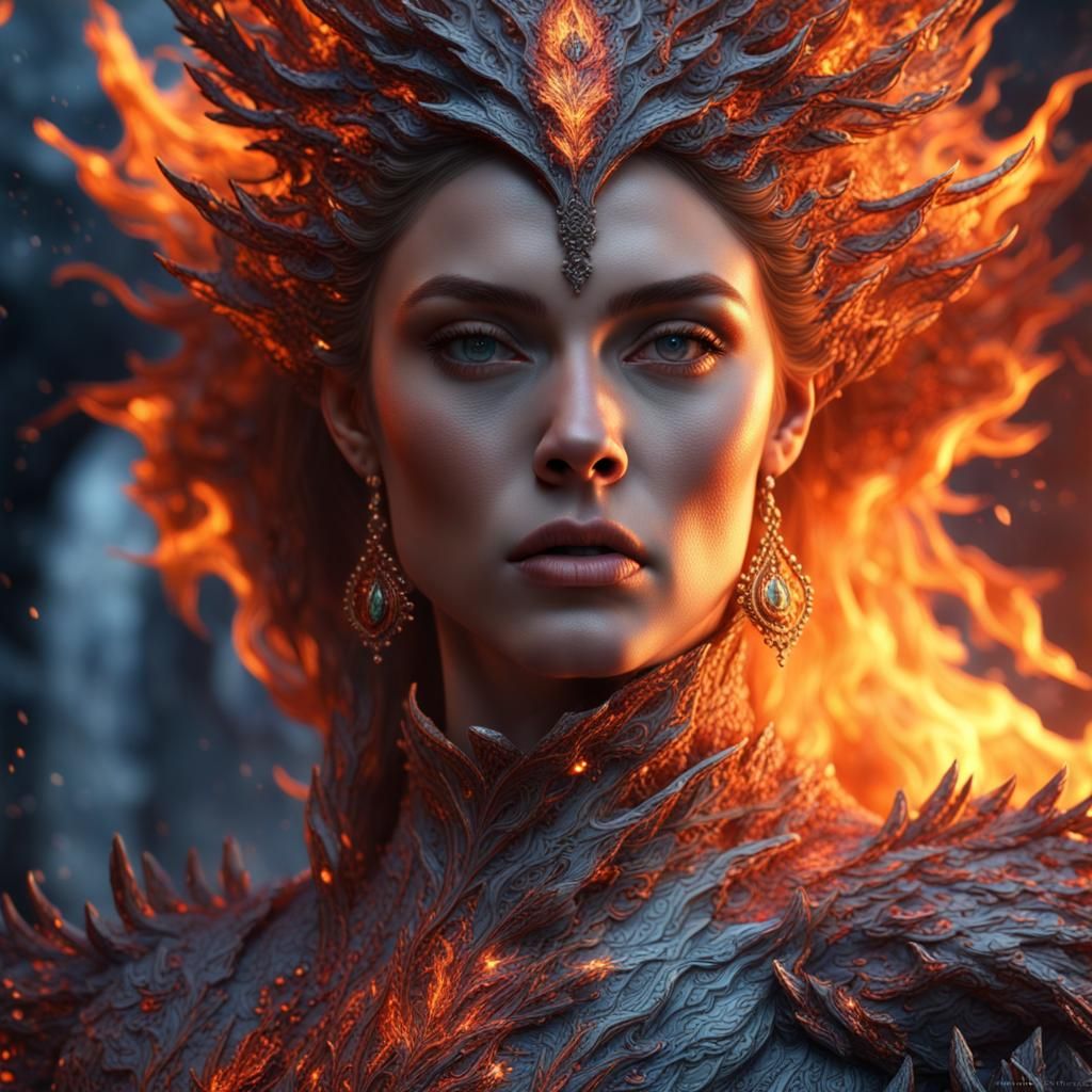 Fiery Ice Lady Portrait in Detailed Matte Painting