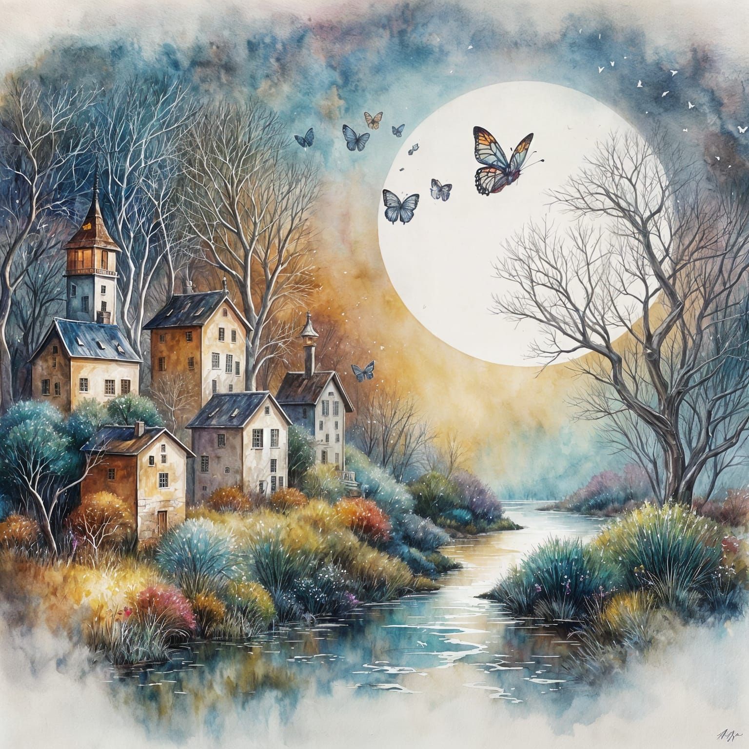 Surreal Watercolor Scene of Butterflies in Flight