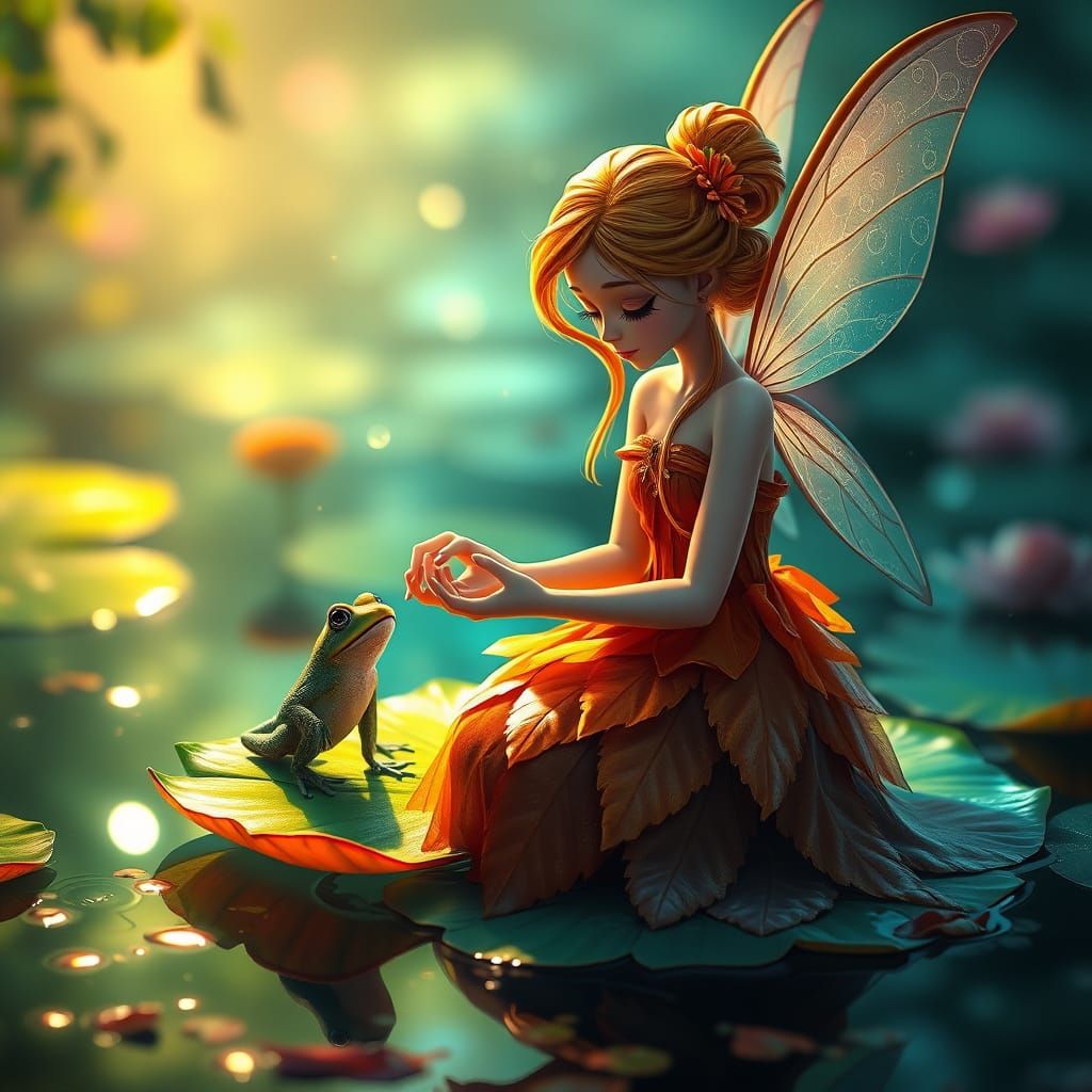 Fairy Petting Frog in Pond, Hyperdetailed Concept Art