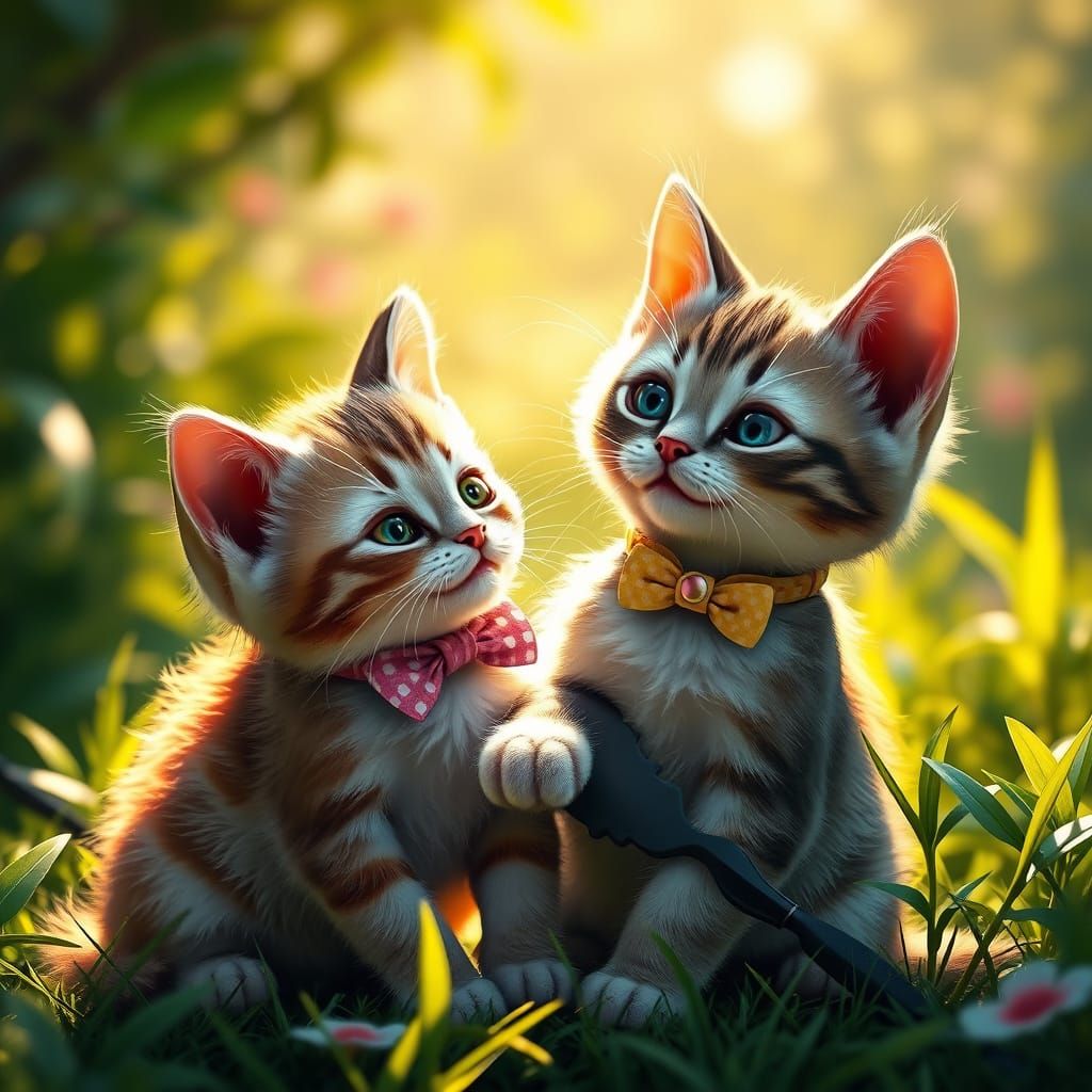Fantasy Feline Friends in Vibrant, Detailed Landscape