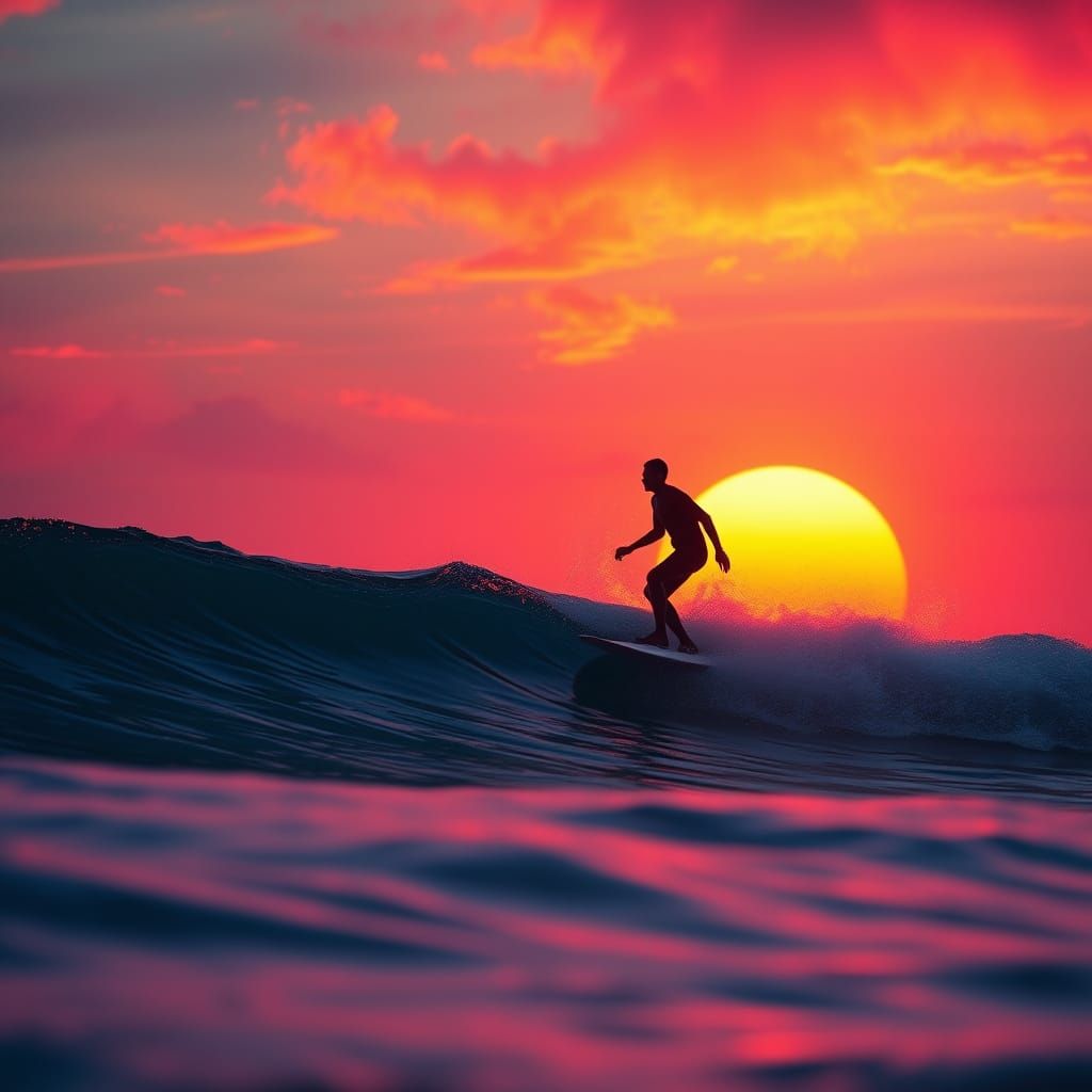 Surfer Rides Majestic Sunset Wave in Futuristic Landscape
