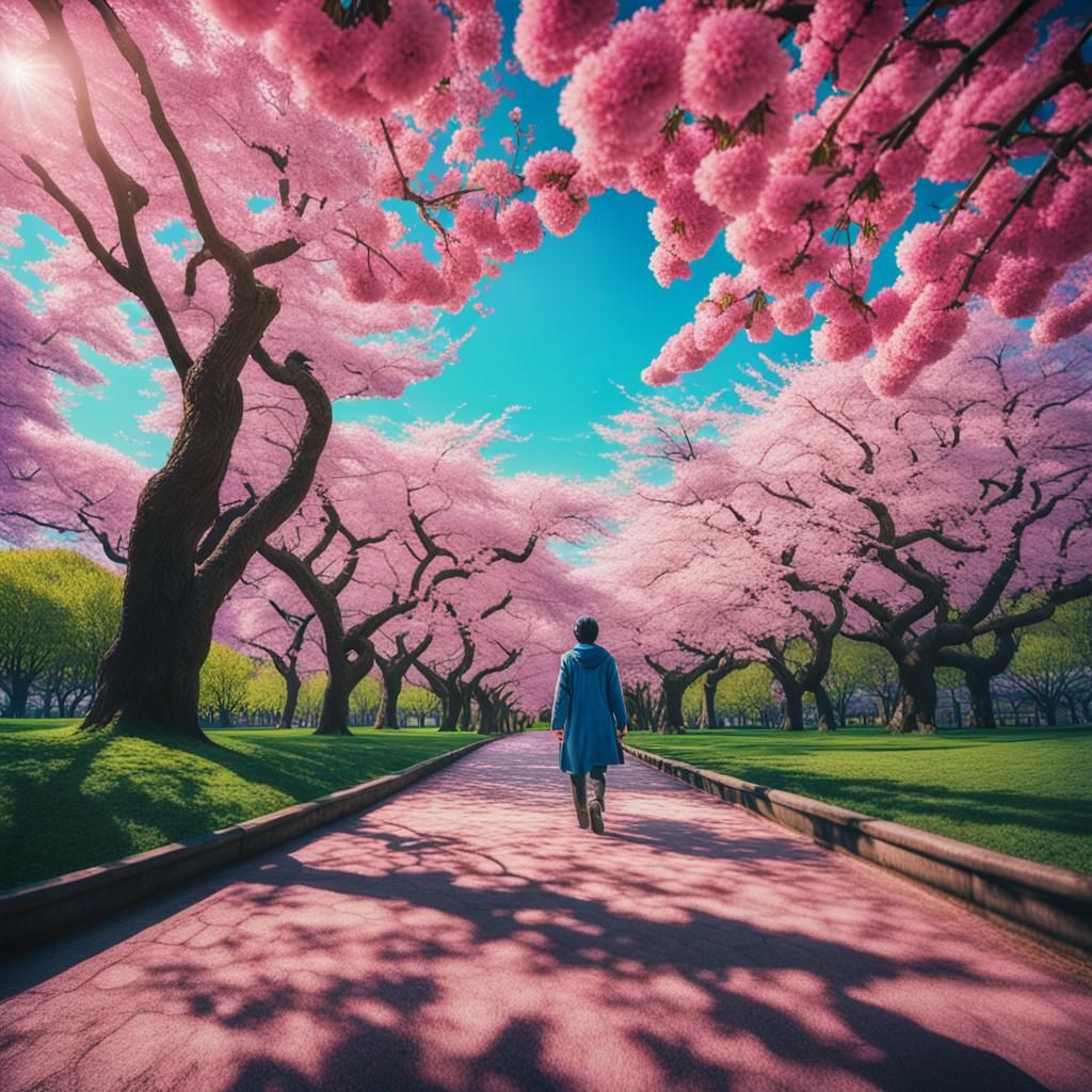 Link in Cherry Blossom Park: Cinematic Film Still