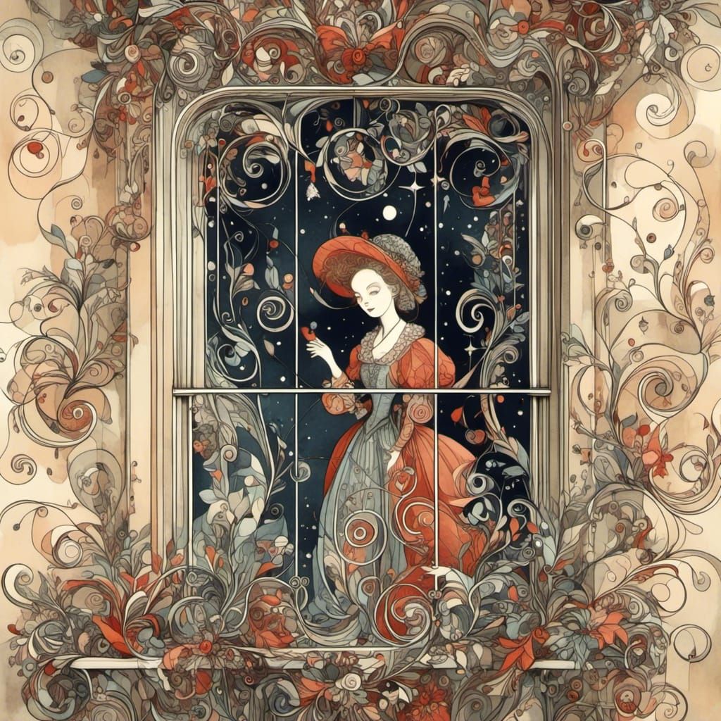 Woman Gazing out Window: Whimsical Digital Art