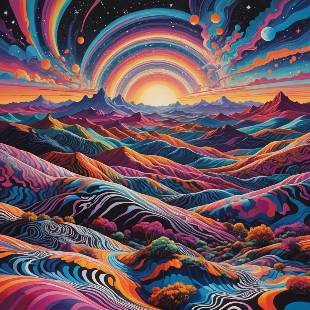 Vibrant Cosmic Landscape with Wave-like Hills and Radiant Vo...