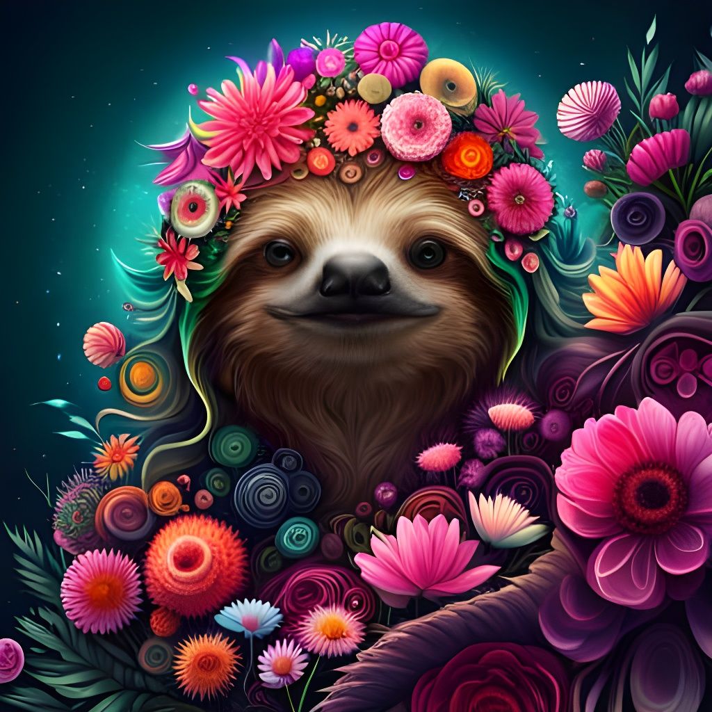 Cyberpunk Floral Sloth Digital Illustration