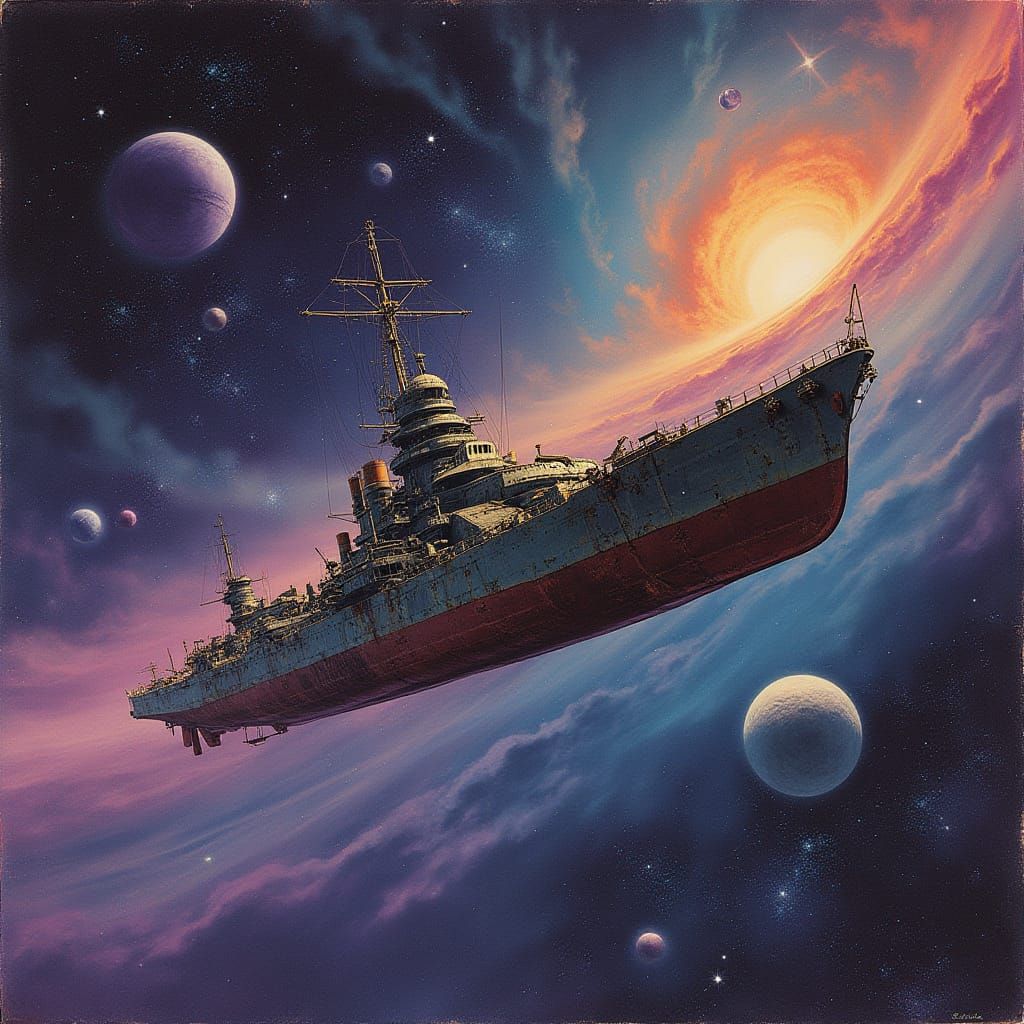 World War 1 Battleship in Space: Retro Sci-Fi Art