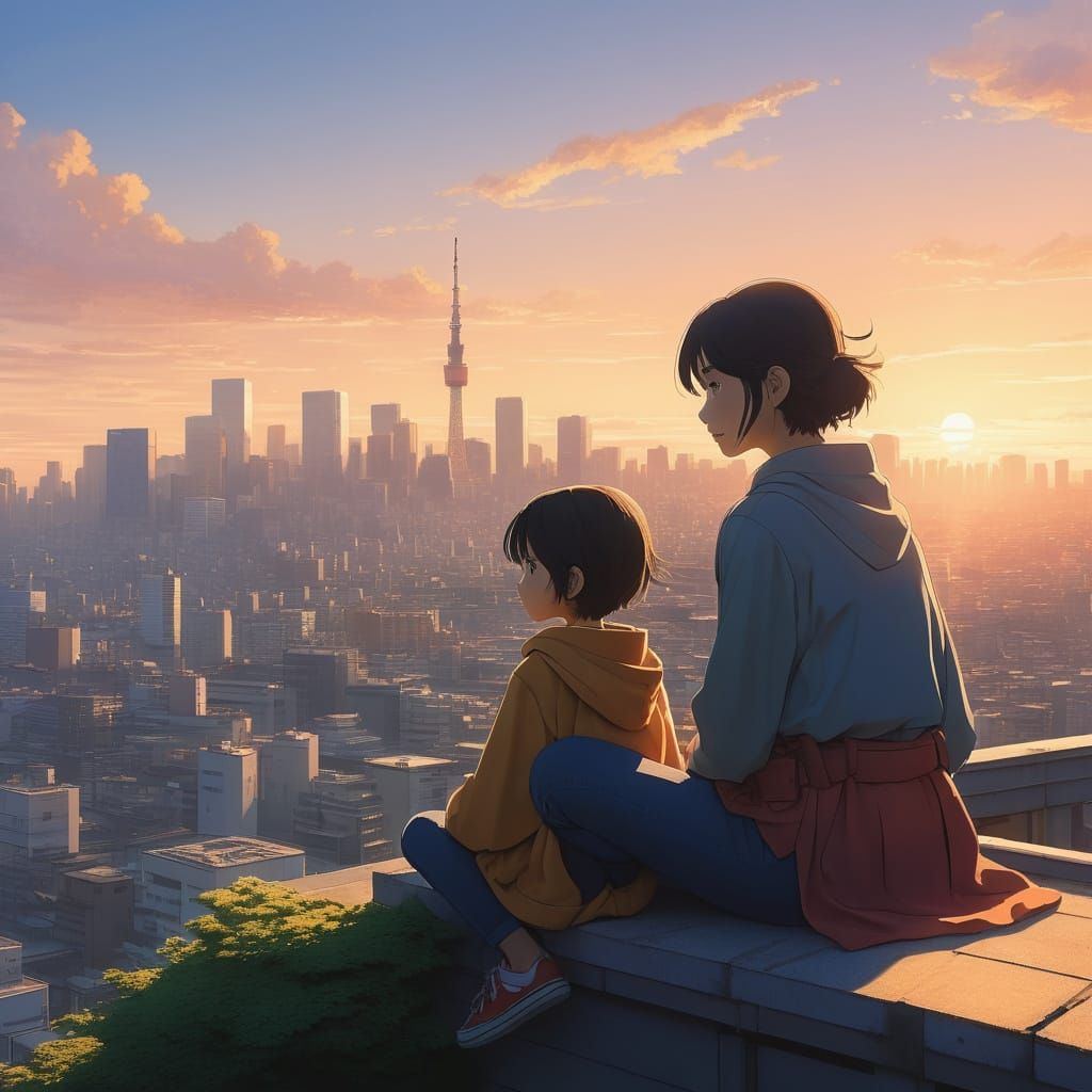 Makoto Shinkai-Inspired Tokyo Rooftop Scene with Japanese Su...