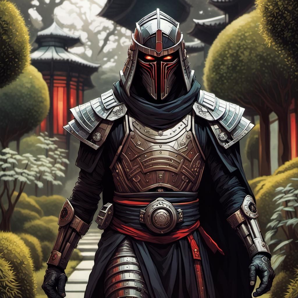 Cyborg Warrior in Cyberpunk Monastery Garden