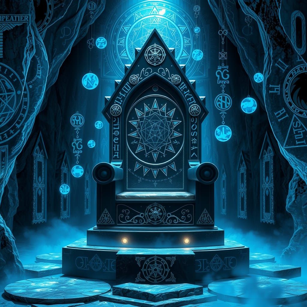 Mystical Obsidian Throne in Glowing Crystal Cave