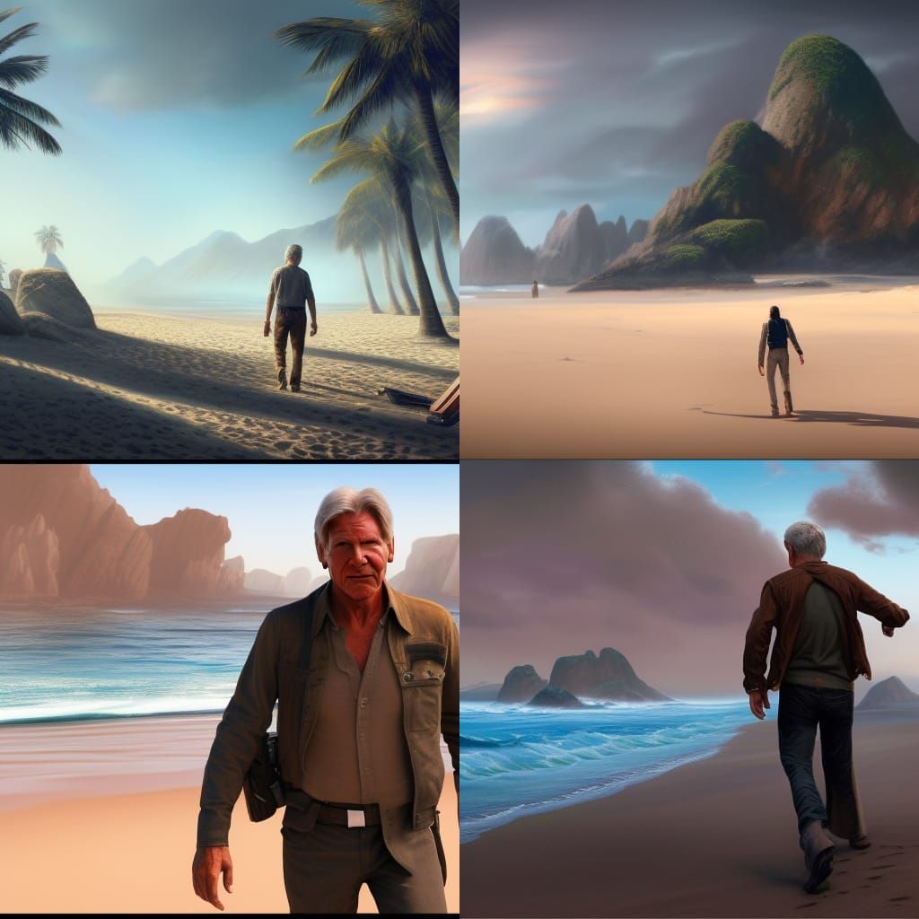 Harrison Ford Walks on Beach: Detailed Matte Painting