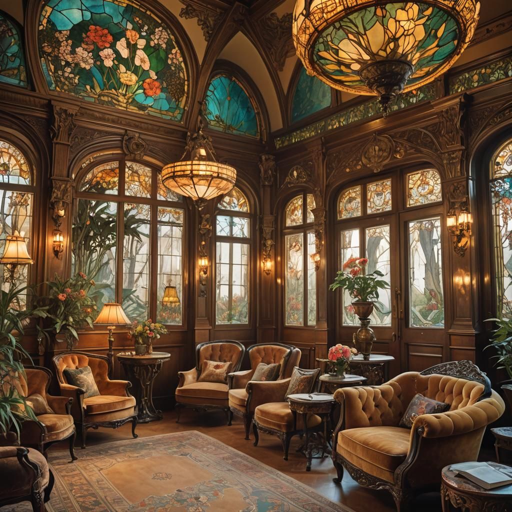 Art Nouveau Interior with Exquisite Tiffany Lamps