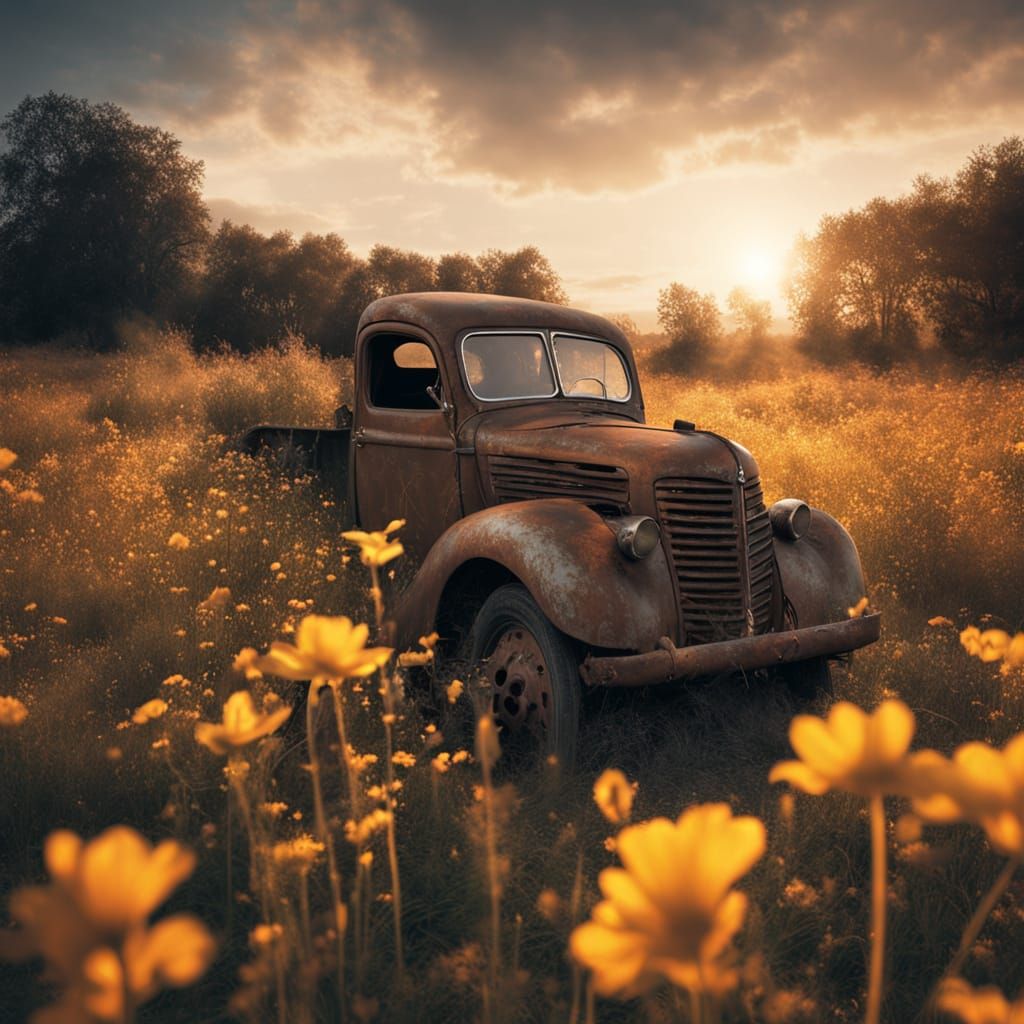 Abandoned Rusted Truck in Wildflower Field at Golden Hour