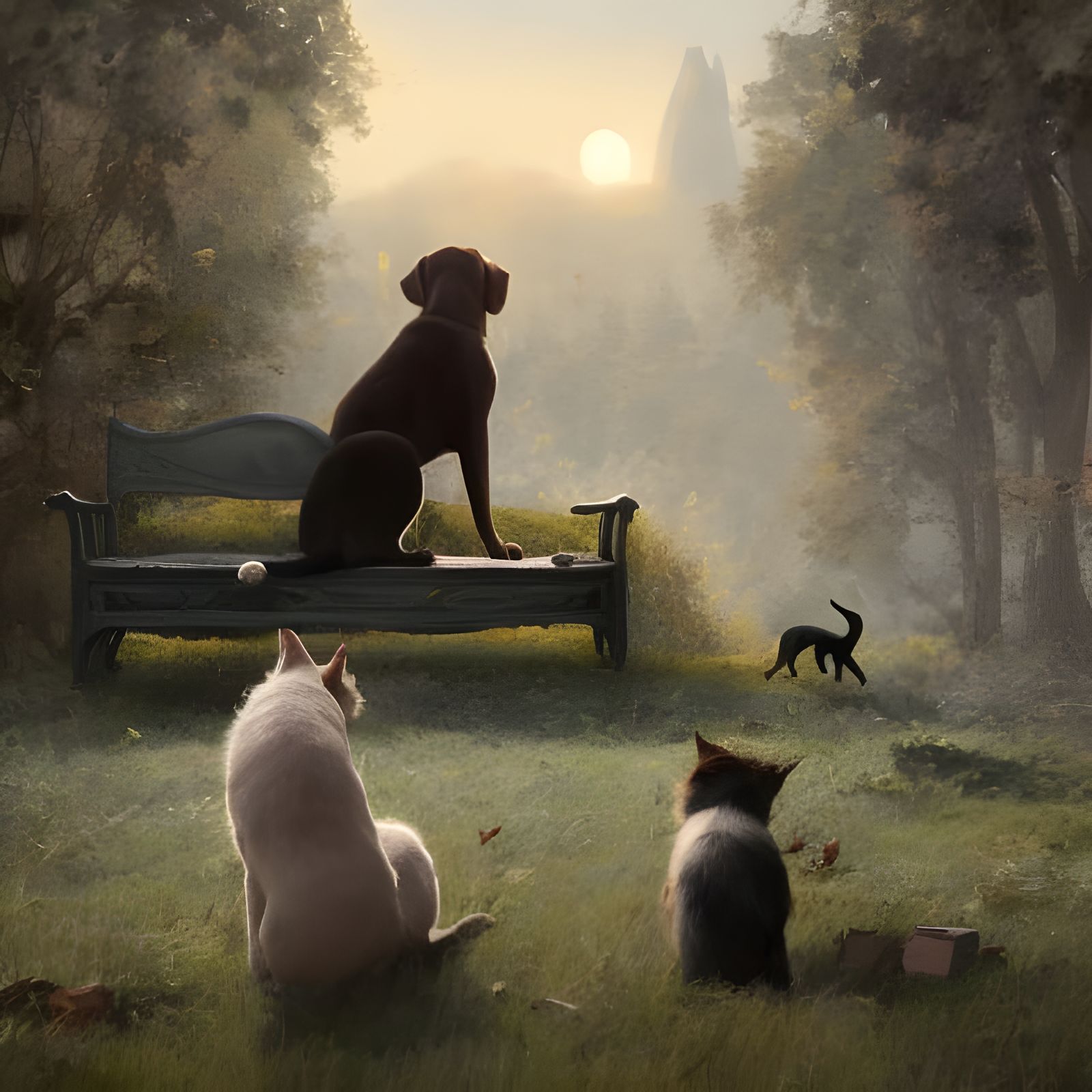 Dog and Cat on Couch: Hyperrealistic Digital Painting