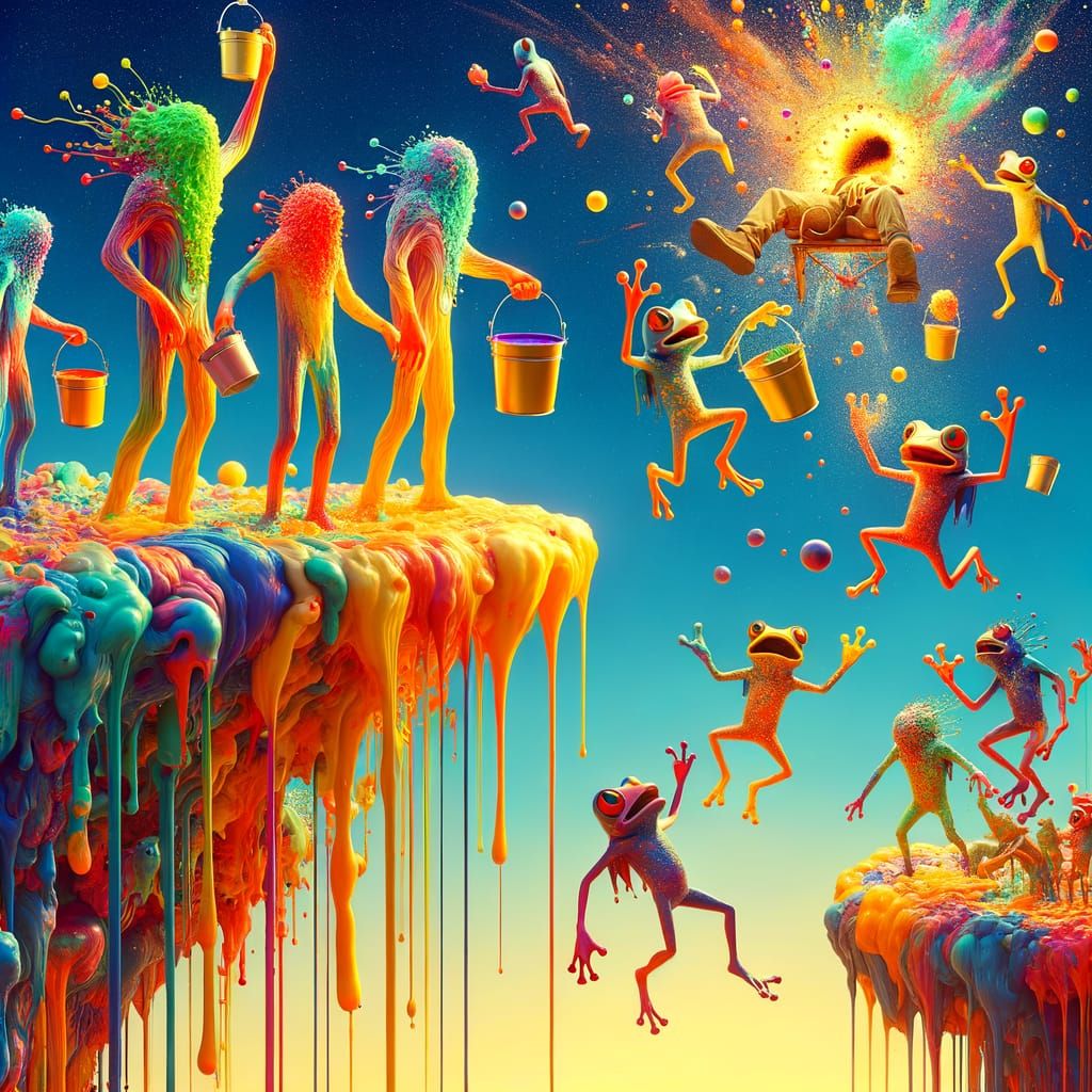 Whimsical Science Fiction Scene in Vibrant Orange and Blues