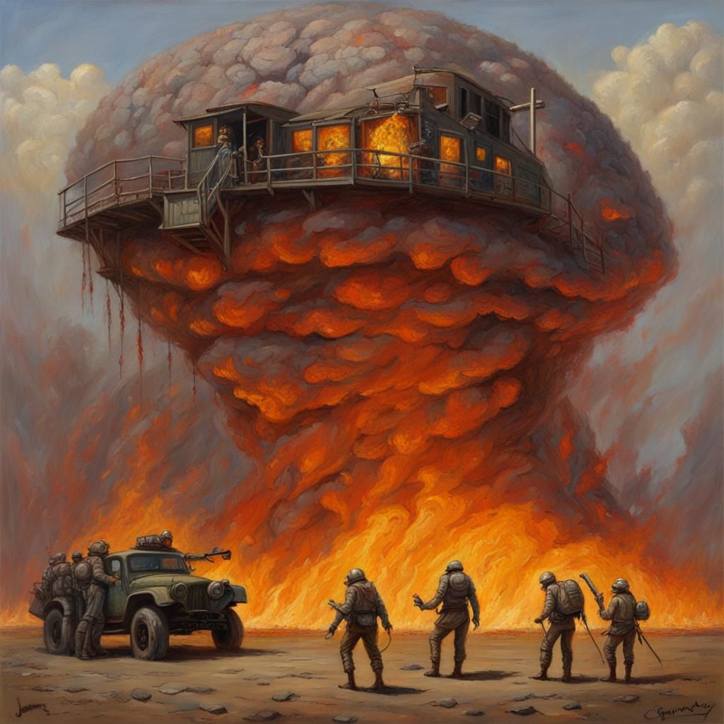 Surreal Brains and Fire Landscape Painting