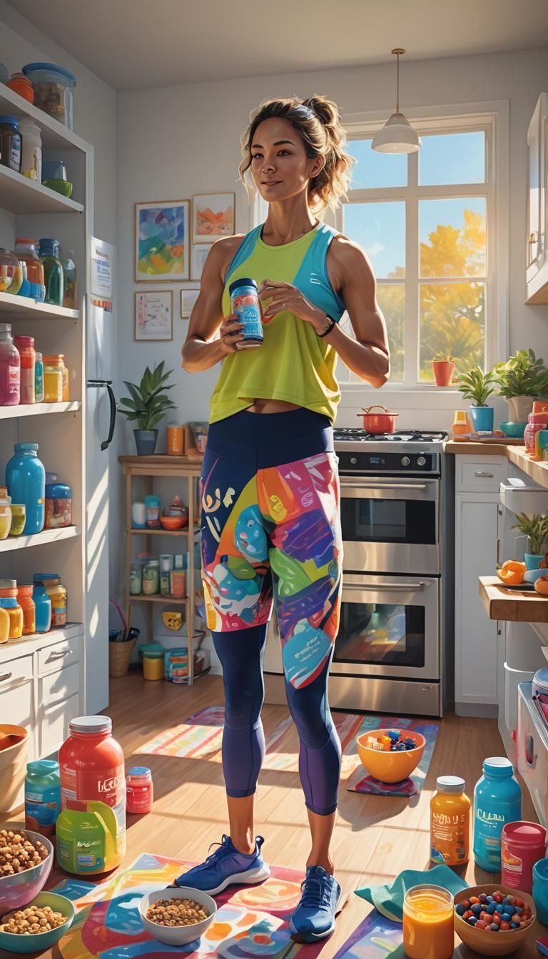 Energetic Kitchen Scene with Leanbliss, in Peter Max Style