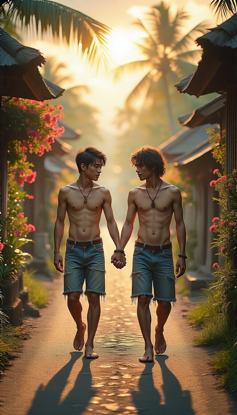 Golden Hour Bali Village Walk in Hyperrealistic Pencil Art