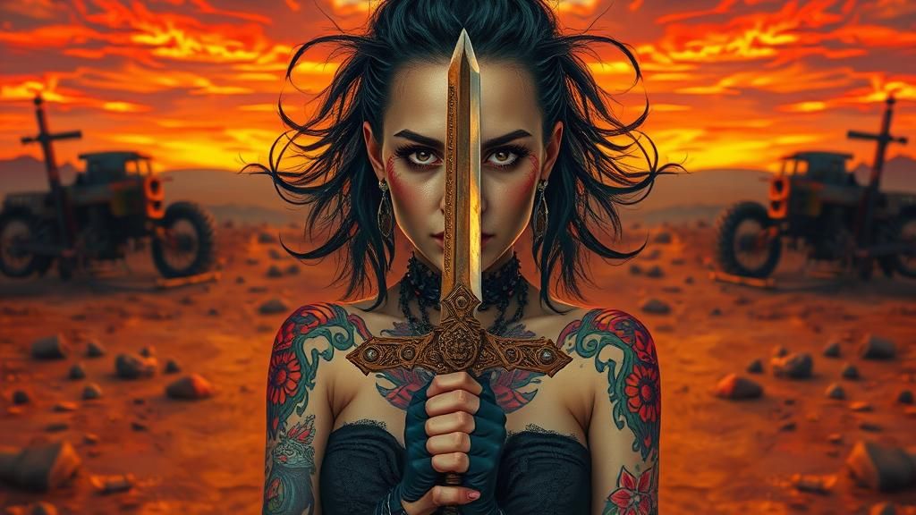 Punk Woman with Sword in Dystopian Landscape