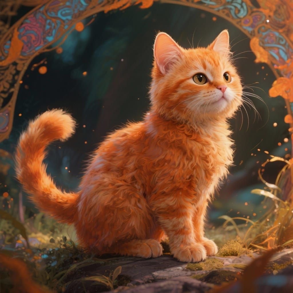 Tiny Orange Bobtailed Cat in Whimsical Concept Art Style
