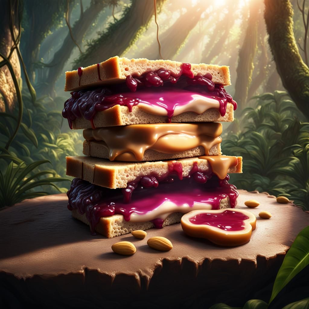 Peanut Butter Jelly Sandwich in Jungle, Detailed Matte Paint...