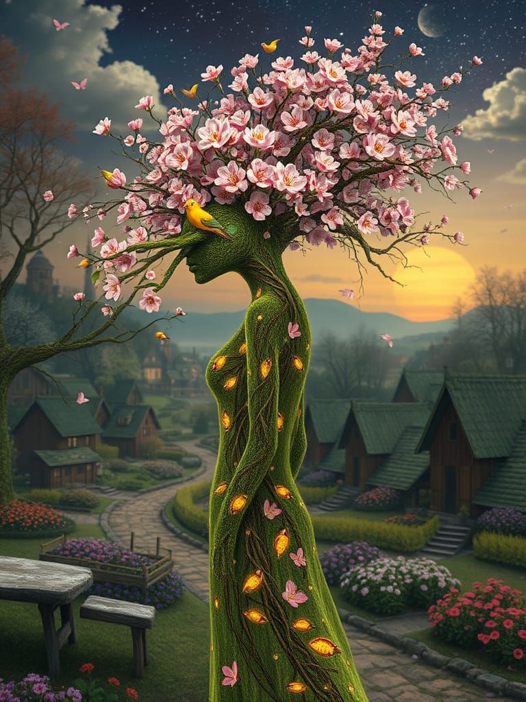Woman-Tree Hybrid in Enchanted Springtime Village