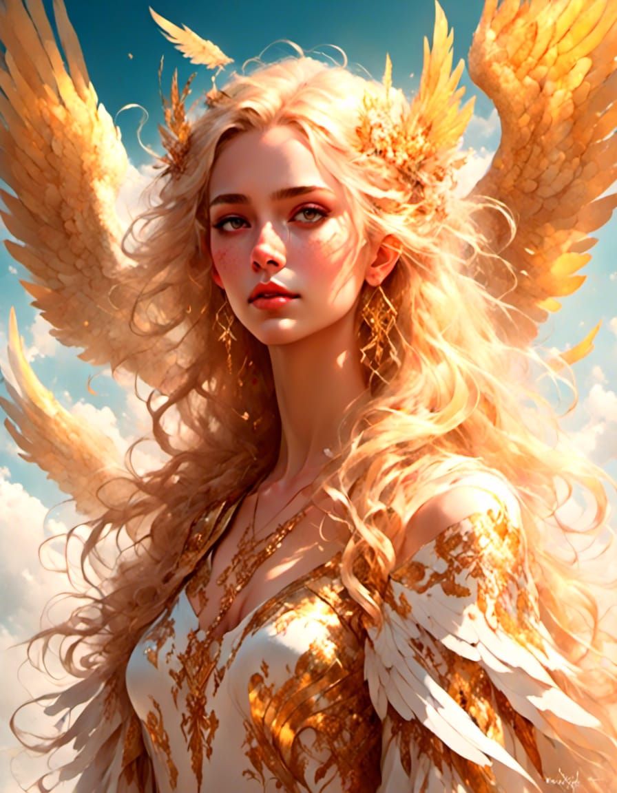 Golden Angel in Sunlit Clouds: Fantasy Illustration