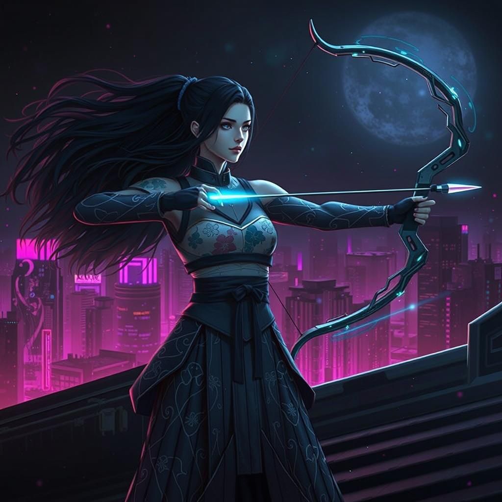 Cyberpunk Samurai: Neon City Archer in Moonlight
