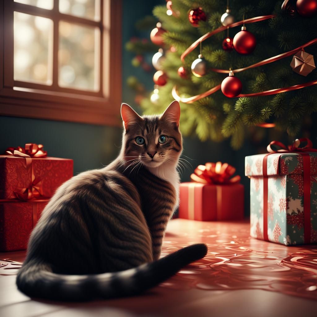 Festive Cat Amidst Christmas Chaos: Detailed Matte Painting