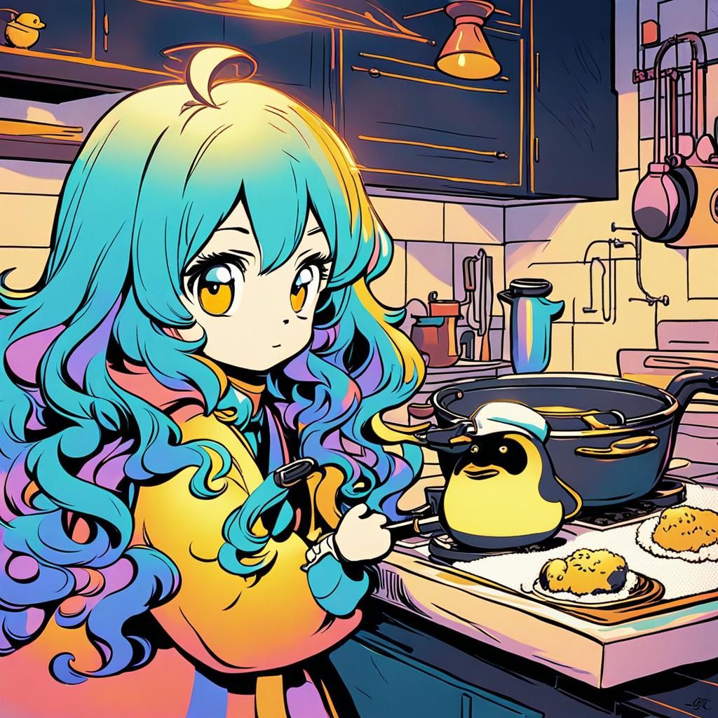 A petite girl cooking with an emperor penguin chick