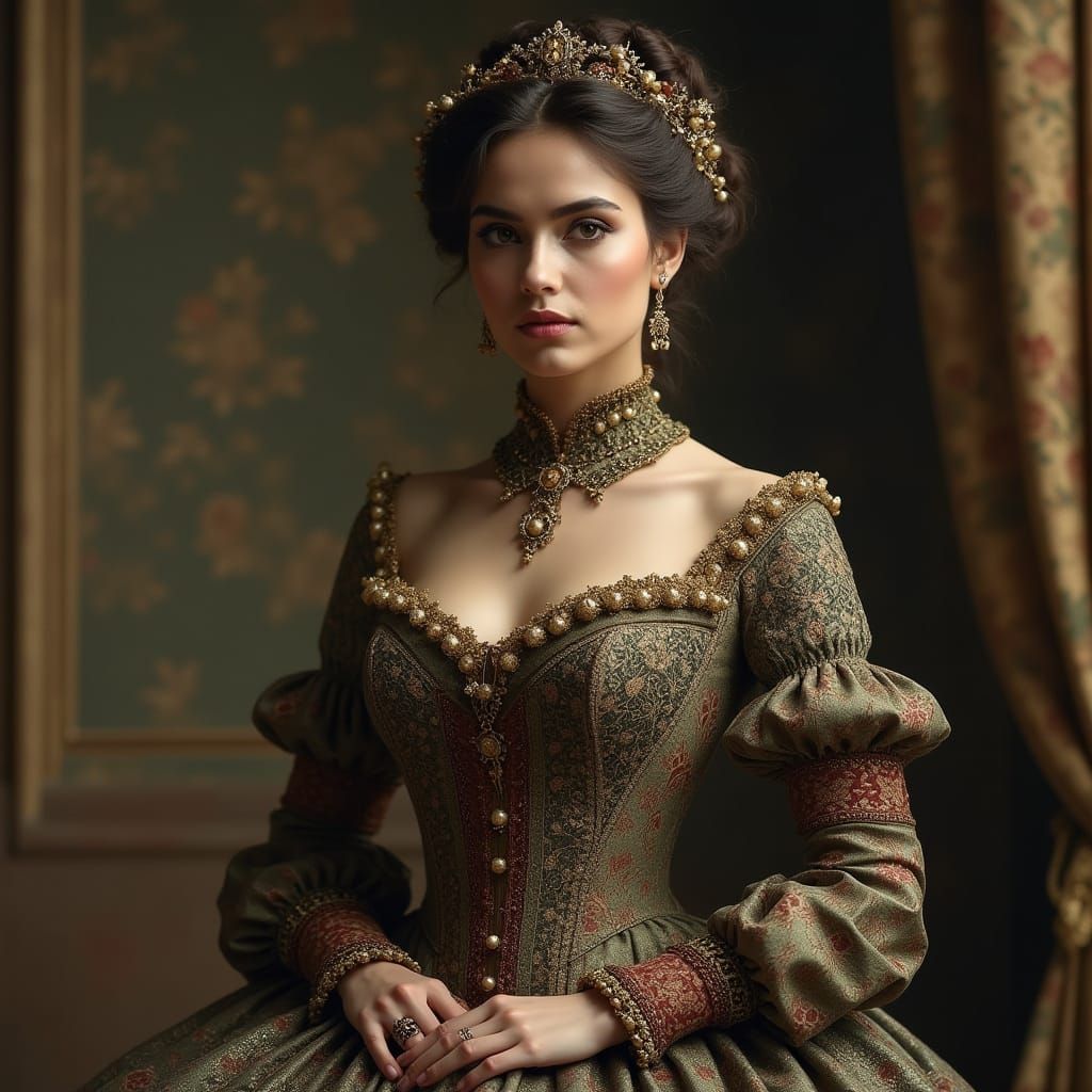 Victorian Model in Alphonse Mucha Style Evening Wear