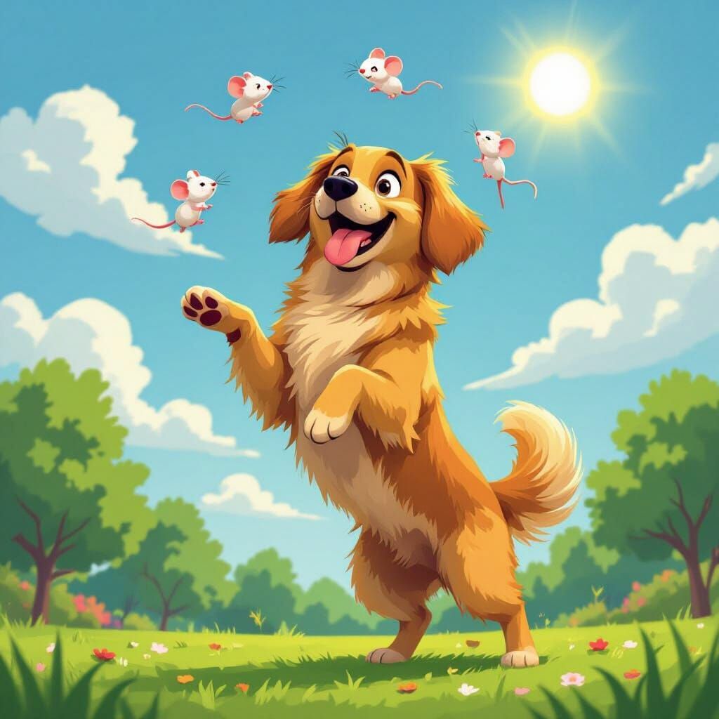 Golden Retriever Juggles Mice in Sunny Park Cartoon Style