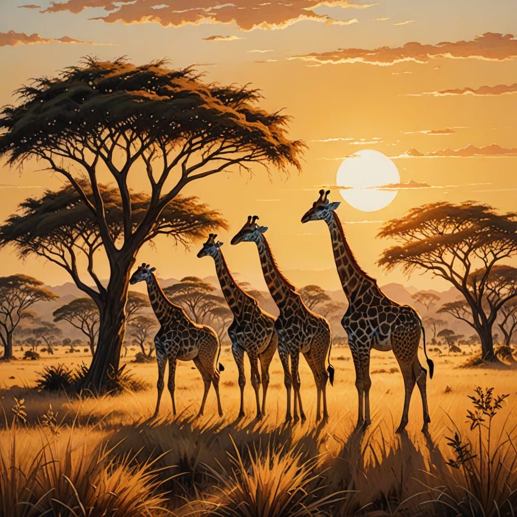 Realistic Giraffes in Golden Hour Savanna Oil Painting