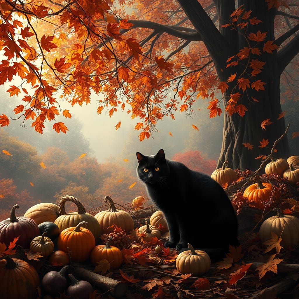 Black Cat Amidst Bountiful Autumn Harvest