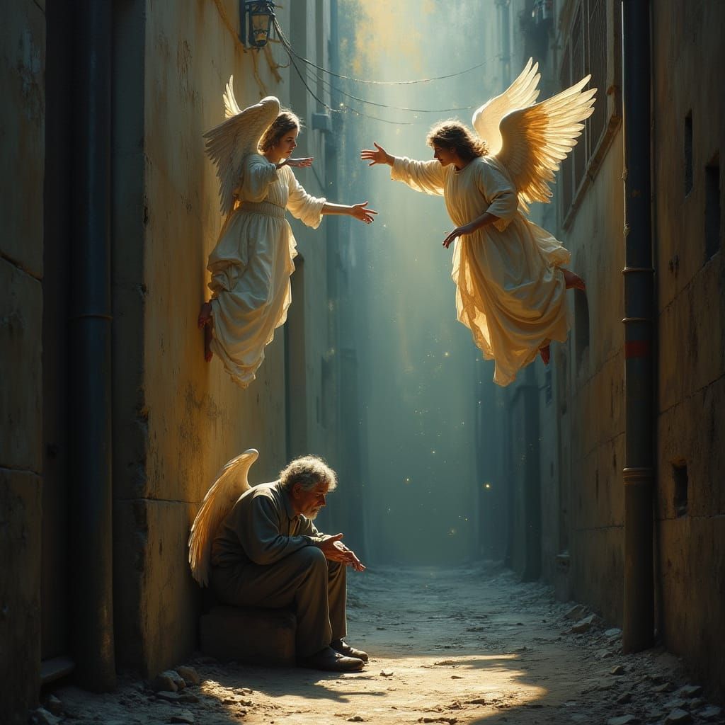 Angels Bestow Blessing on Homeless Man in Dark Alley