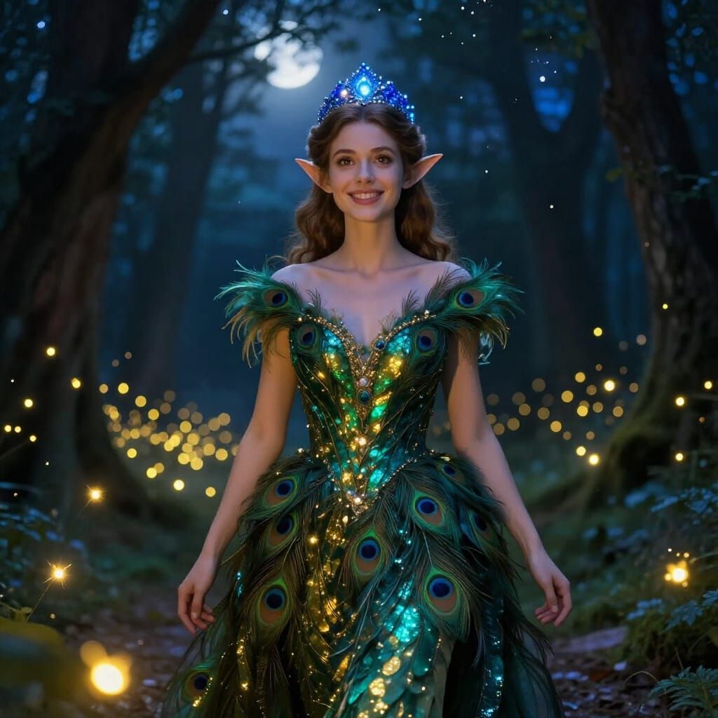 Royal Elf in Firefly Forest Under Starry Night