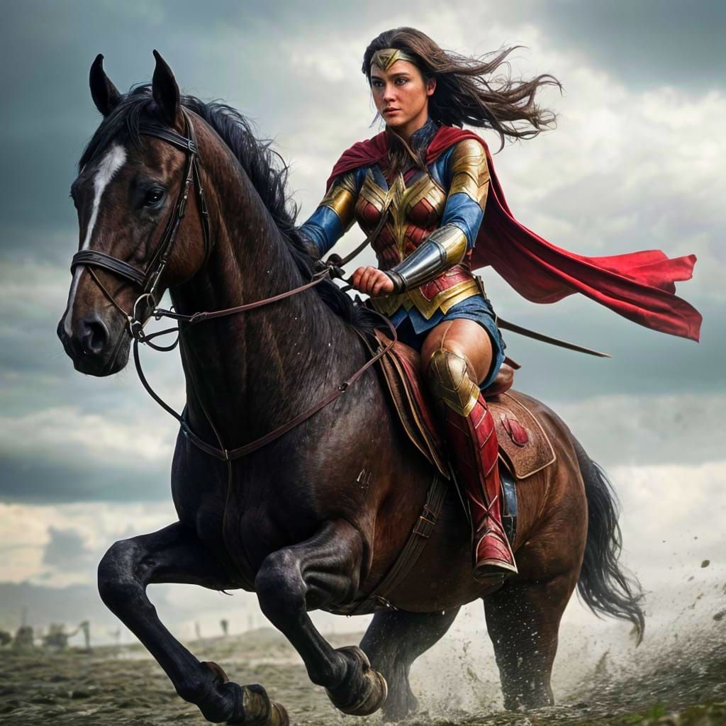 Wonderwoman Races a Horse in Hyperrealistic Detail