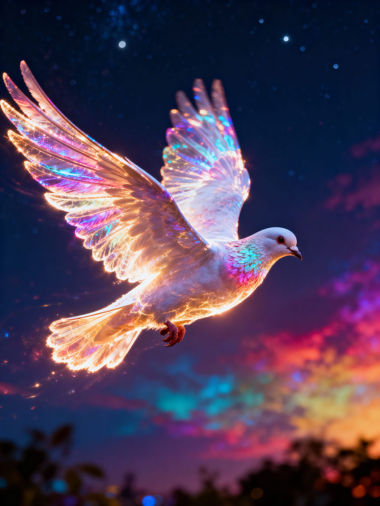 Luminous Dove Soars Through Vibrant Night Sky