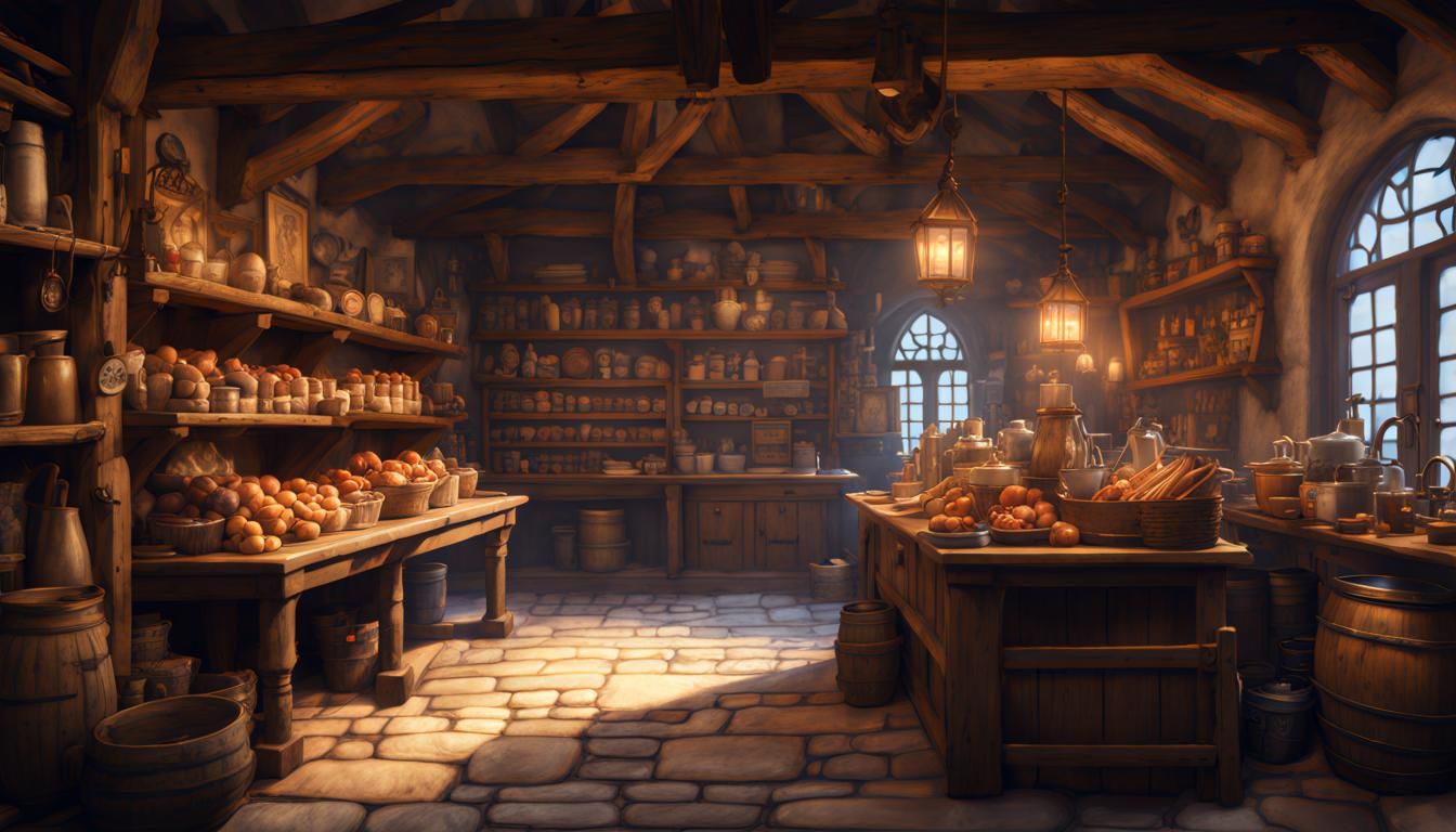 Fantasy Medieval General Store Interior in Studio Ghibli Sty...