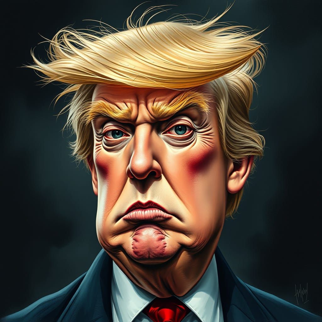 Donald Trump Caricature with Exaggerated Facial Features and...