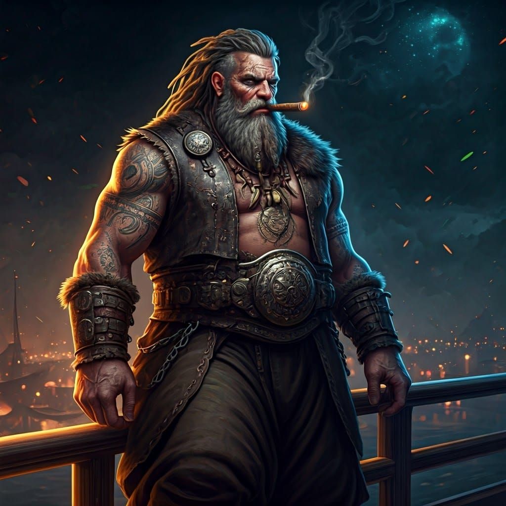 Mighty Viking Warrior with Piercing Pale Eyes and Braided Be...