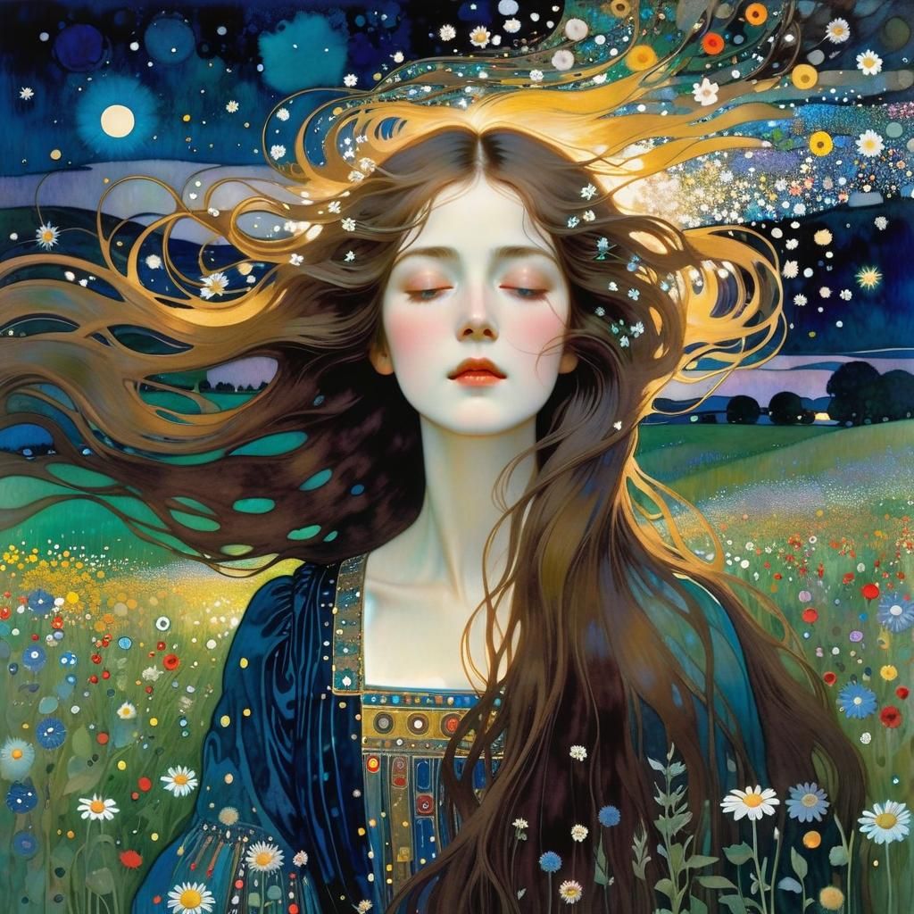 Woman in Starry Meadow: A Klimt-Inspired Portrait