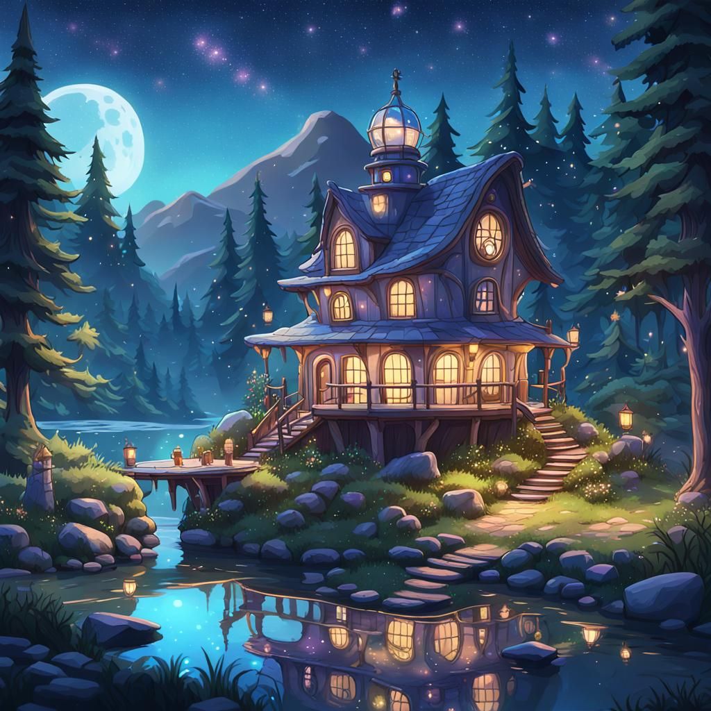 Whimsical River Observatory in Ghibli-Inspired Style