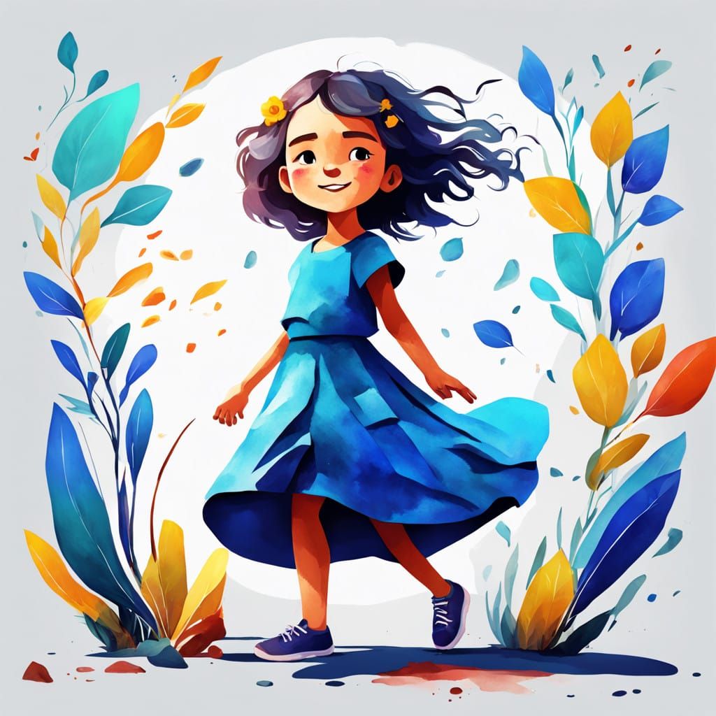 Whimsical Blue Girl in Vibrant Field with Dancing Lion's Too...